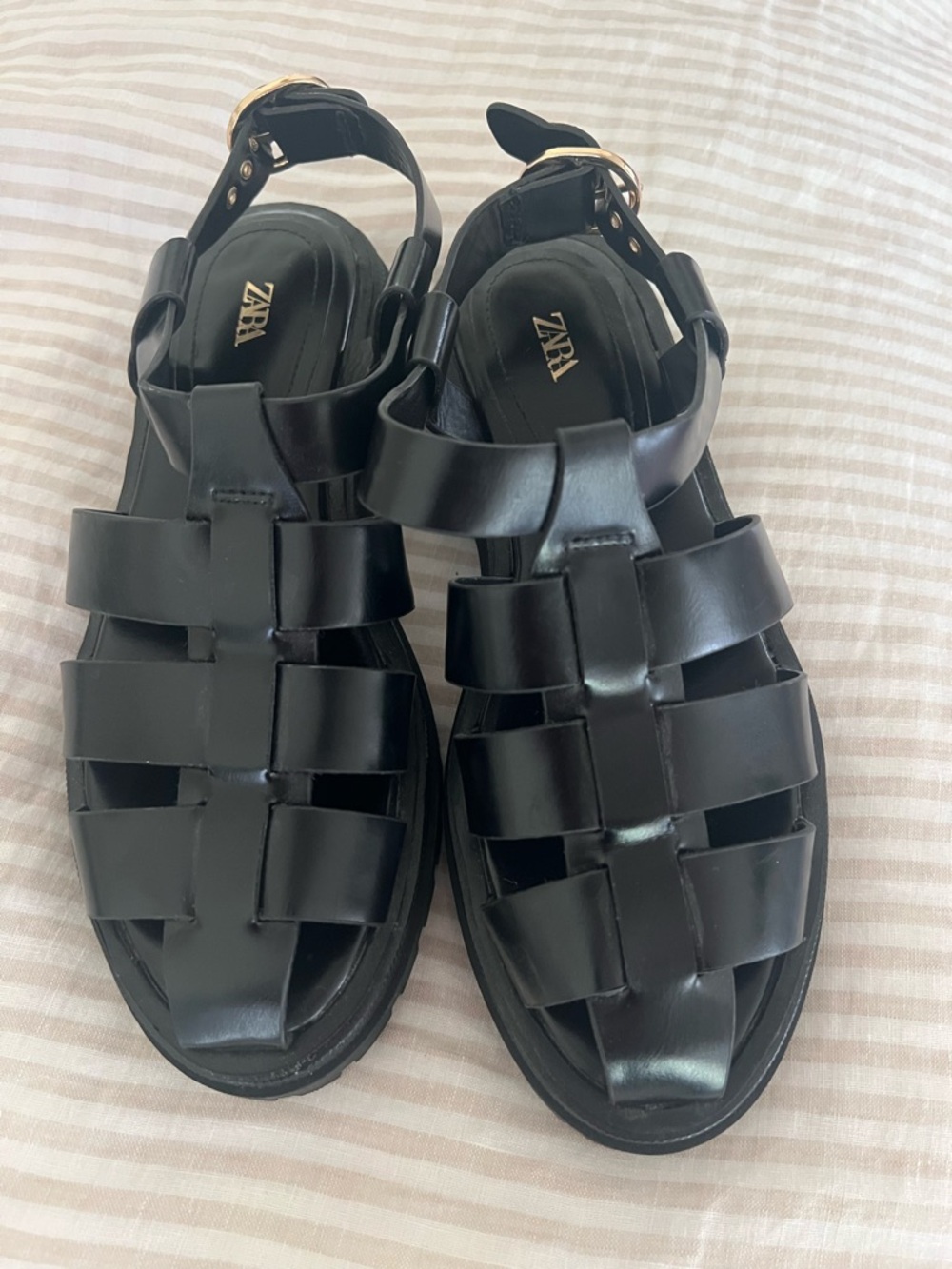 Zara Black Woven Leather Fisherman Sandals with Gold Buckle